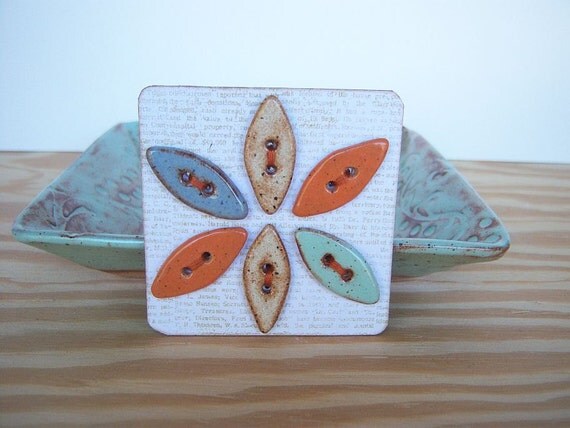 Rustic Stoneware Leaf Buttons in Pistachio, Tan, Orange, and Blue shino Glazes - Set of 6