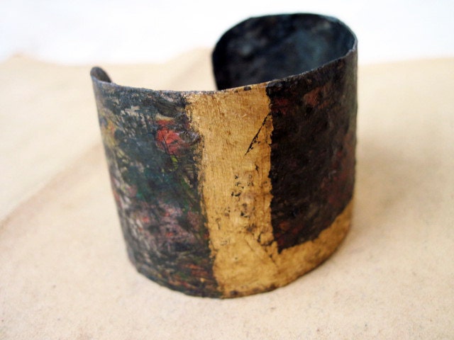 Understanding. Recycled Rustic Tea Tin Cuff Bracelet with Gold Foil.