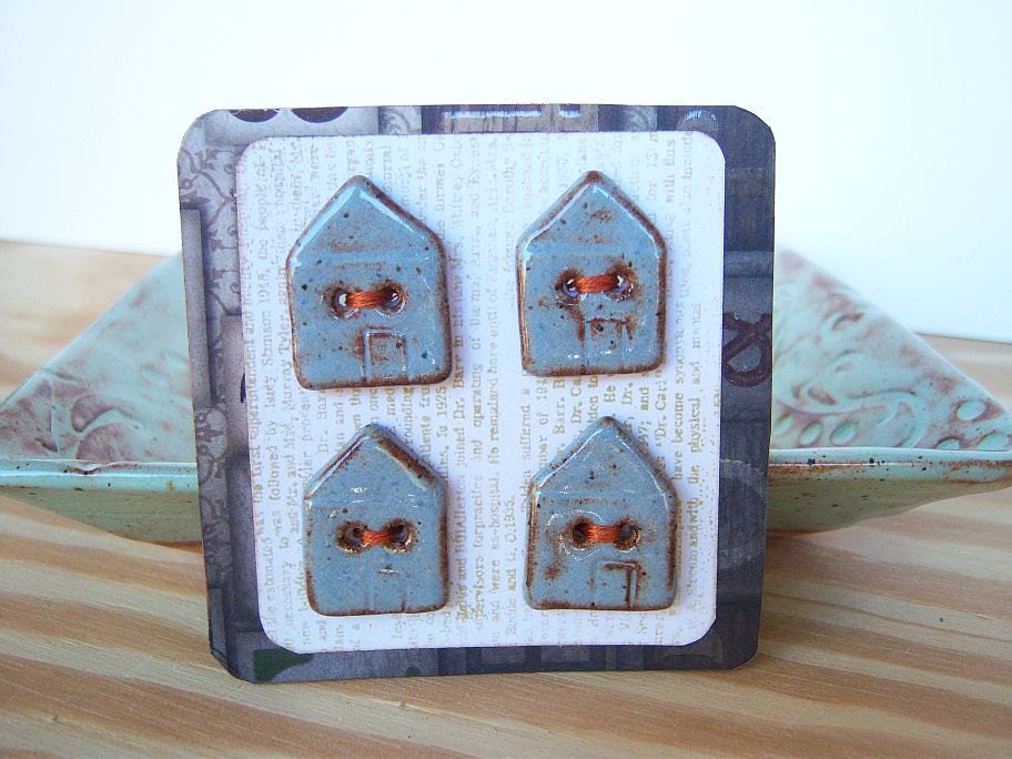 Ceramic House Buttons in Blue Shino Glaze - Set of 4