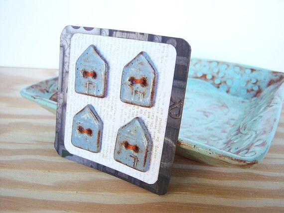 Ceramic House Buttons in Blue Shino Glaze - Set of 4
