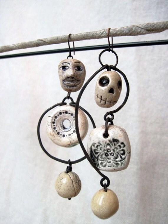 Quietus. Asymmetrical Assemblage Dangles with Ceramic Art Beads.
