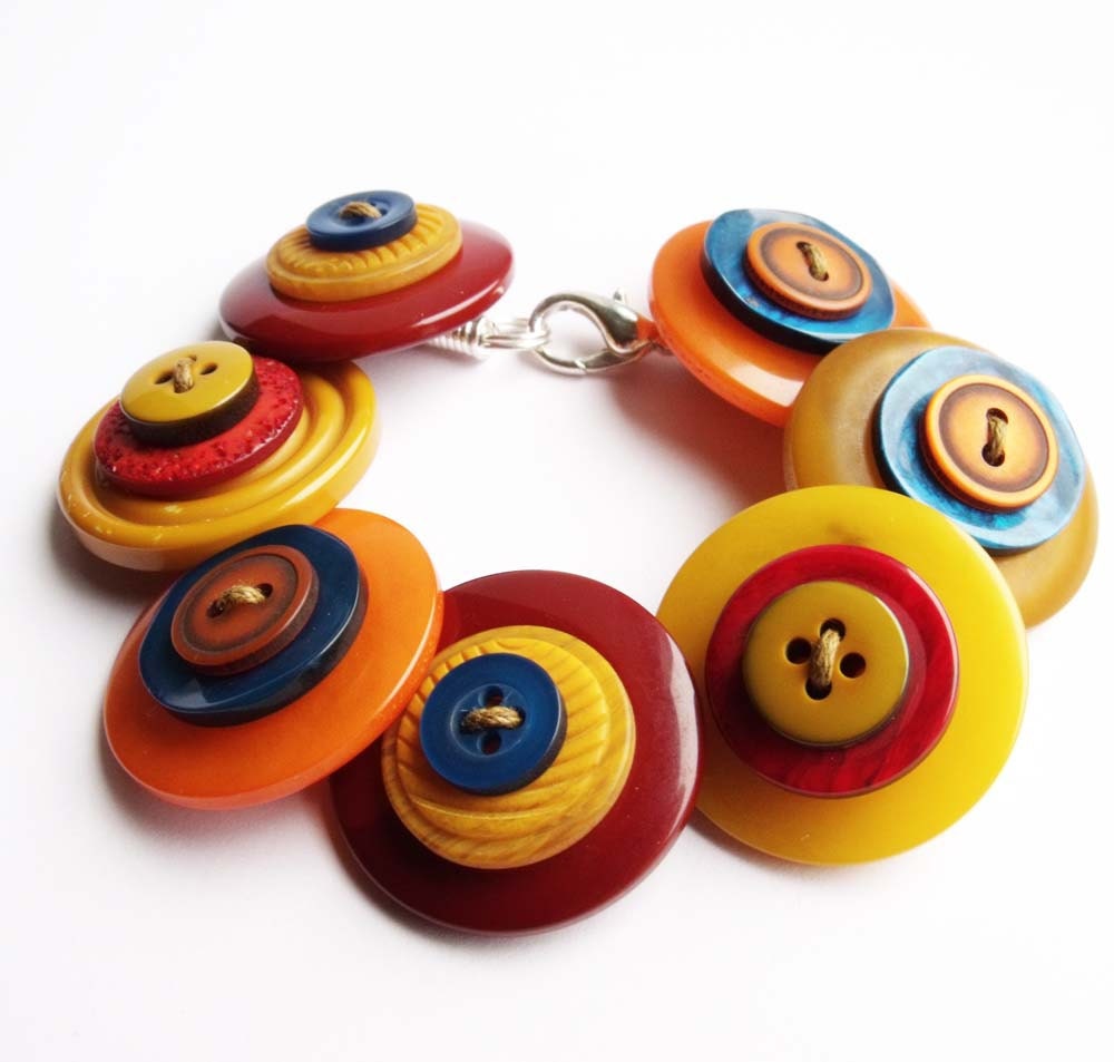 Large button bracelet, handmade, chunky, quirky, statement, mustard, blue, yellow, orange - realicoul Large button bracelet, handmade, chunky, quirky, statement, mustard, blue, yellow, orange - realicoul