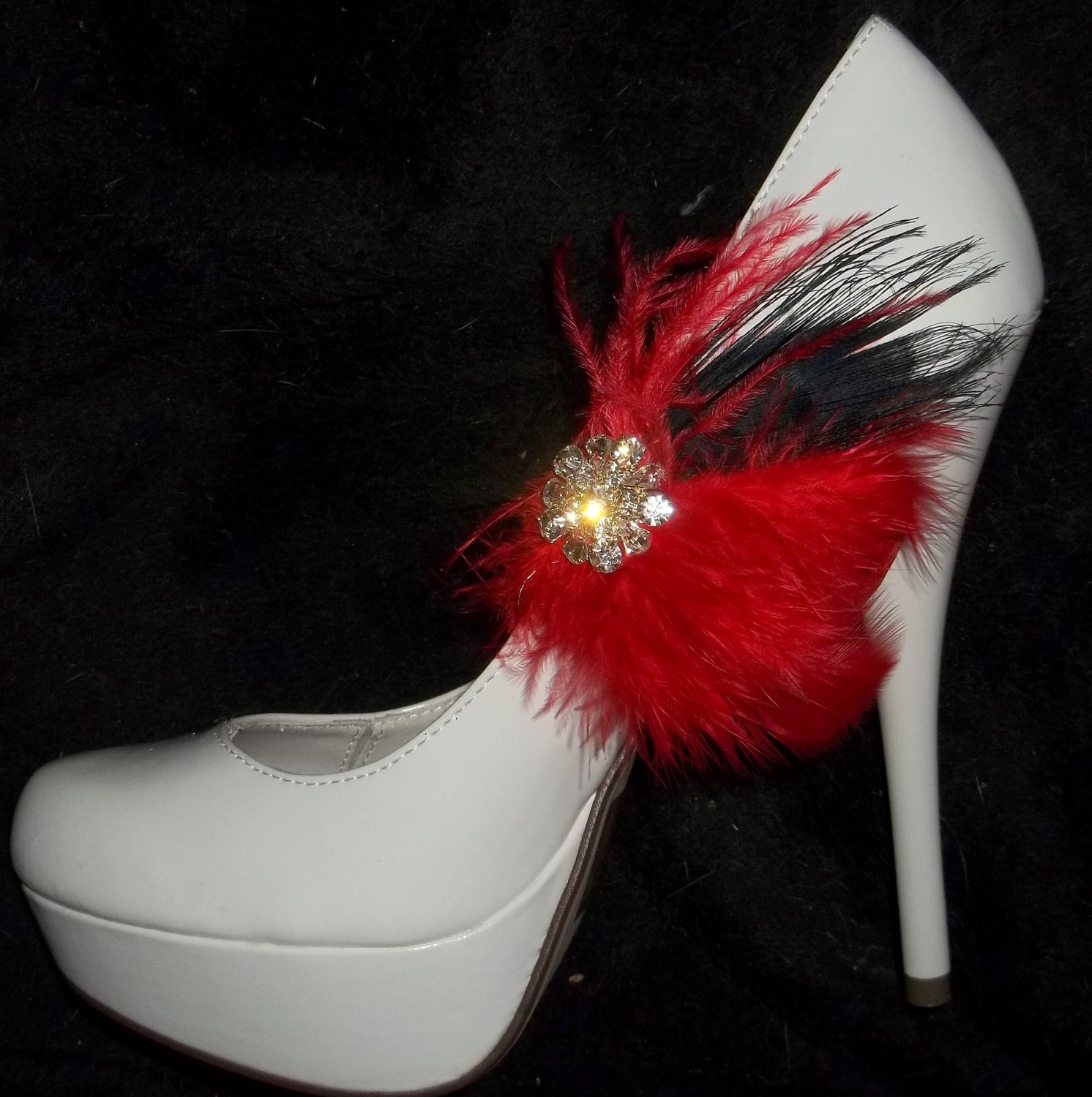 Bridal Shoe Clips Red Feathers with Black Peacock Accent Rhinestones 