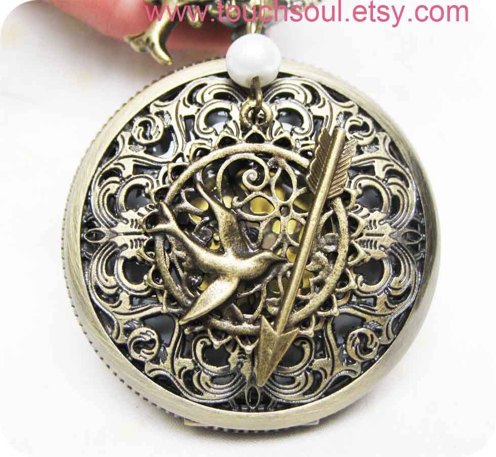 The Hunger Games Inspired Arrow,Mockingjay,tree and Peeta Pearl Victorian pattern golden dial Pocket Watch locket Necklace