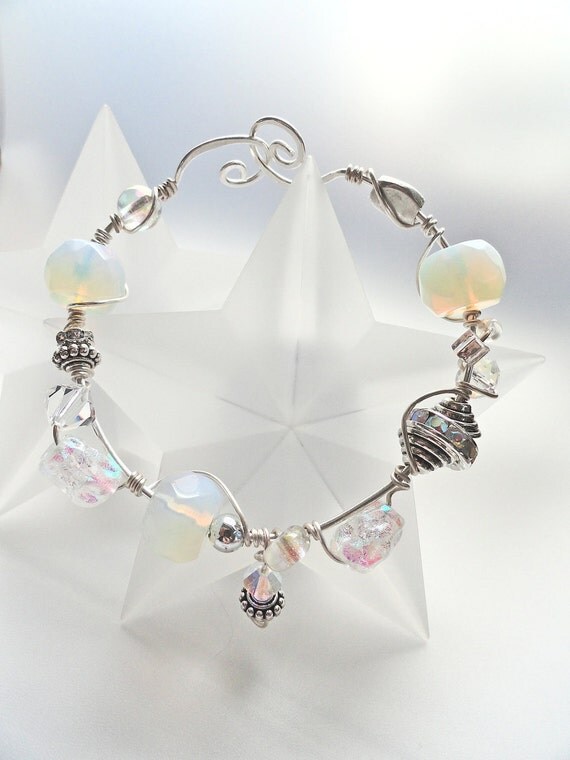 Winter White Lights Opalescent & Dichroic Bead SS Wire Wrapped Bracelet
