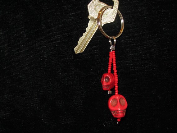 COOL ACCESSORY -  Red Turquoise Skull Key Chain with Red Seed Beads