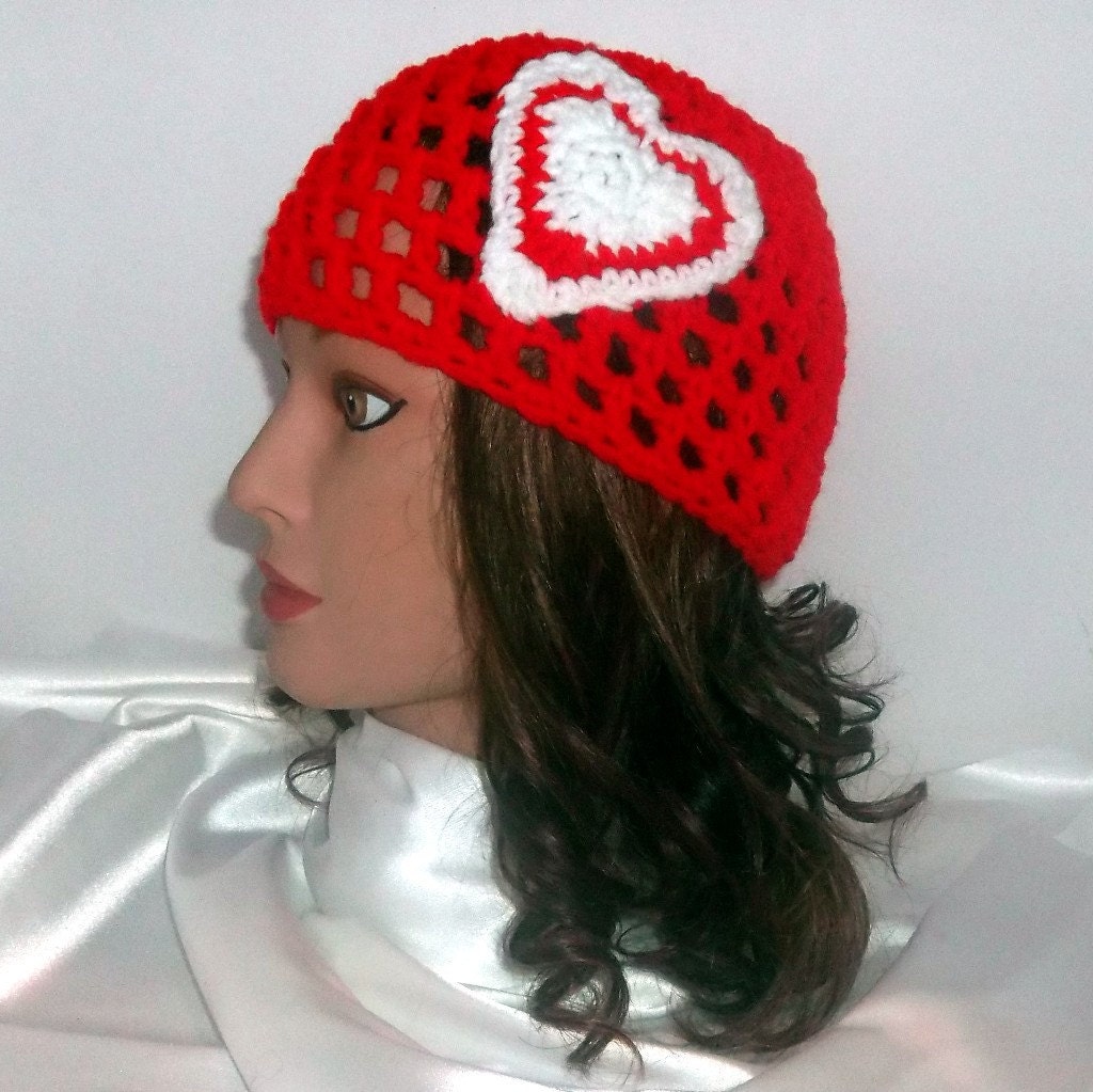 Crocheted Beanie Hot Red Valentines Heart