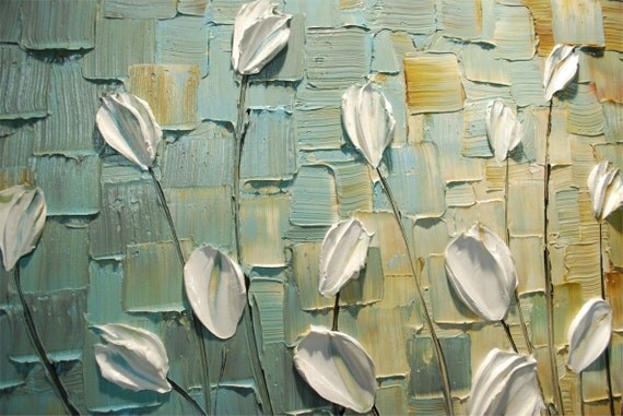 ORIGINAL Large Impasto Landscape Abstract White Tulips Oil Painting Modern Palette Knife Art by Susanna 48x24