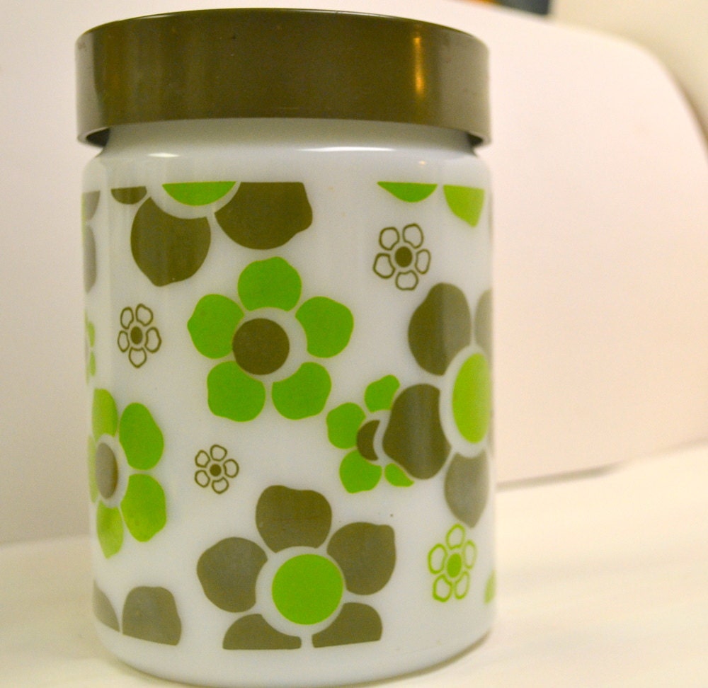 Vintage Flower Power Glass Cannister Green Flowers