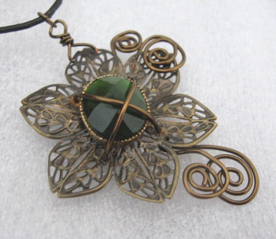 Wrapped Flower Pendant Green Glass Cabochon