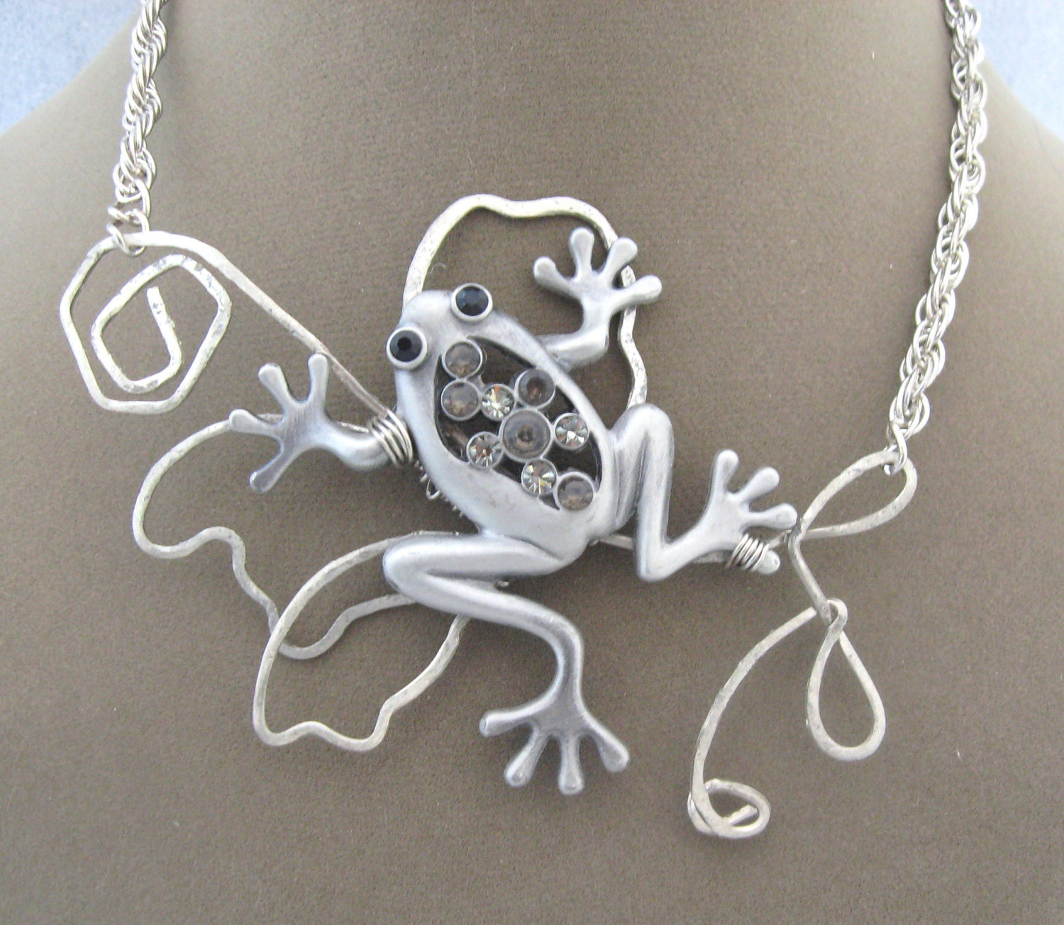 Large Silver Frog Wire Wrapped Necklace