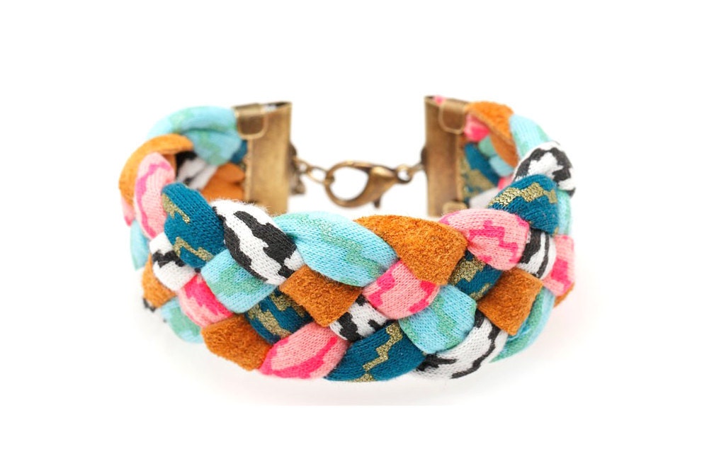 Braided Fabric Bracelet in Mint and Hot Pink