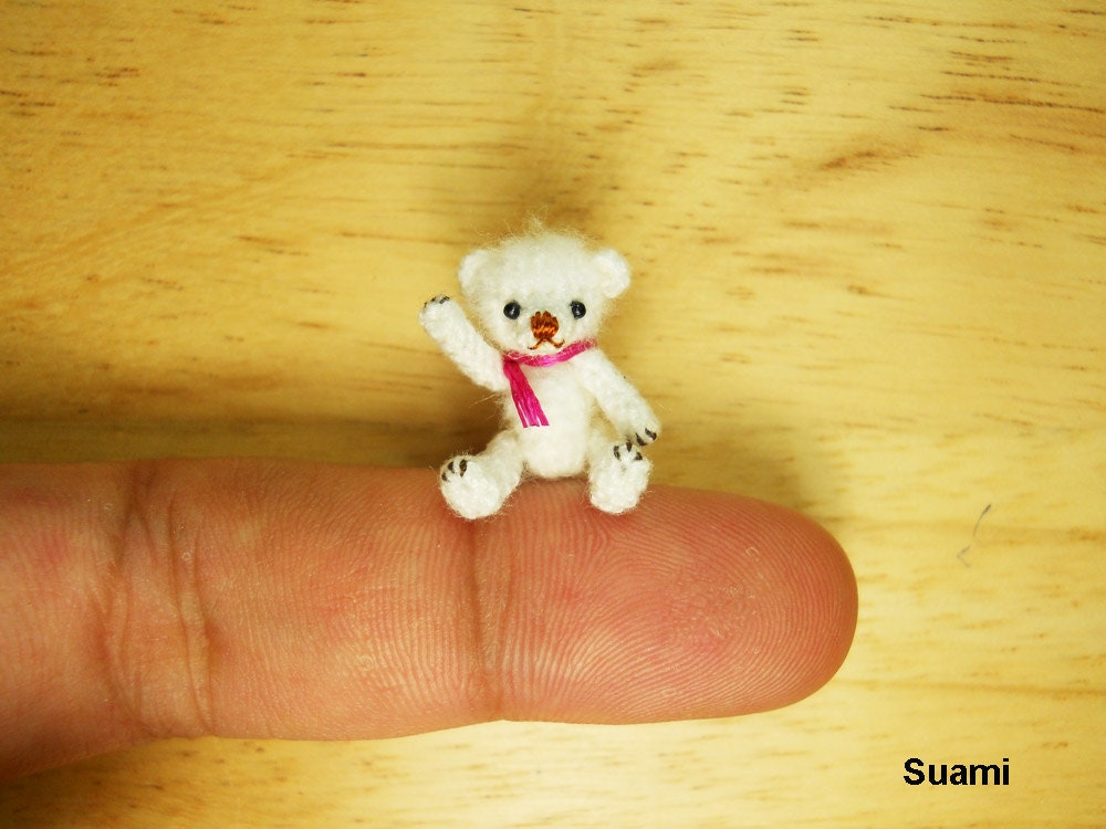 Teeny Tiny Teddy Bear - Micro Dollhouse Miniature Bears - 0.8 Inch Scale - Crochet Mohair White Bear - Pink  Scarf