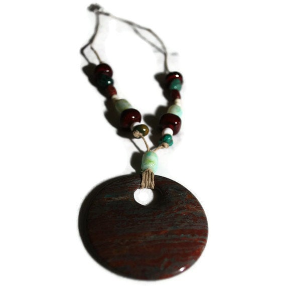 Turquoise and Burgundy Jasper Stone Pendant Necklace- OOAK ETSY TREASURY