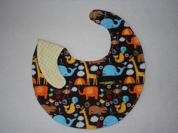 Baby Bibs, four soft layers, reversible, brown with bright critters