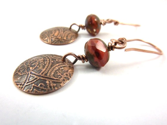 Red Etched Copper Earrings Czech Glass Picasso Faceted Beads Domed Metal Discs Architectural Design