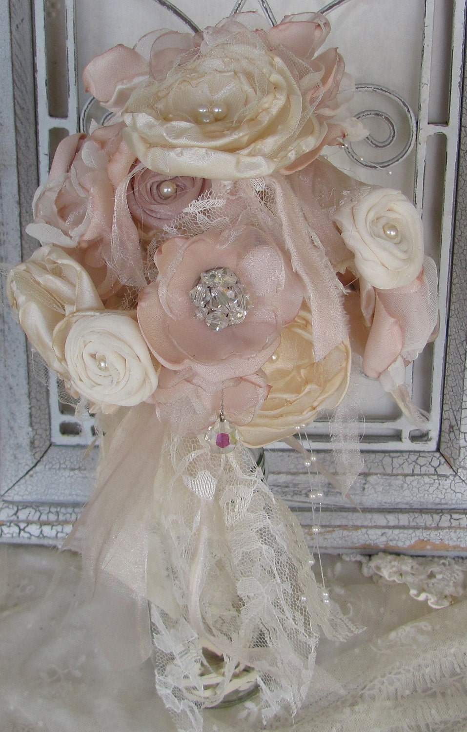 Fabric Flower  Bouquet Champagne and Cream