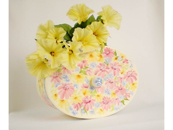 Hand Painted Decorative Hat Box - Storage Kitchen Bath Vanity Babys Room - Colorful Daisies White Polka Dots, Distinctive Oval Large Shape