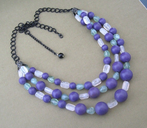Purple Bead Necklace Triple Strand