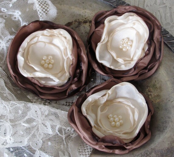 Fabric Flowers Set of 3 Brown and Ivory by My Broken Art on Etsy