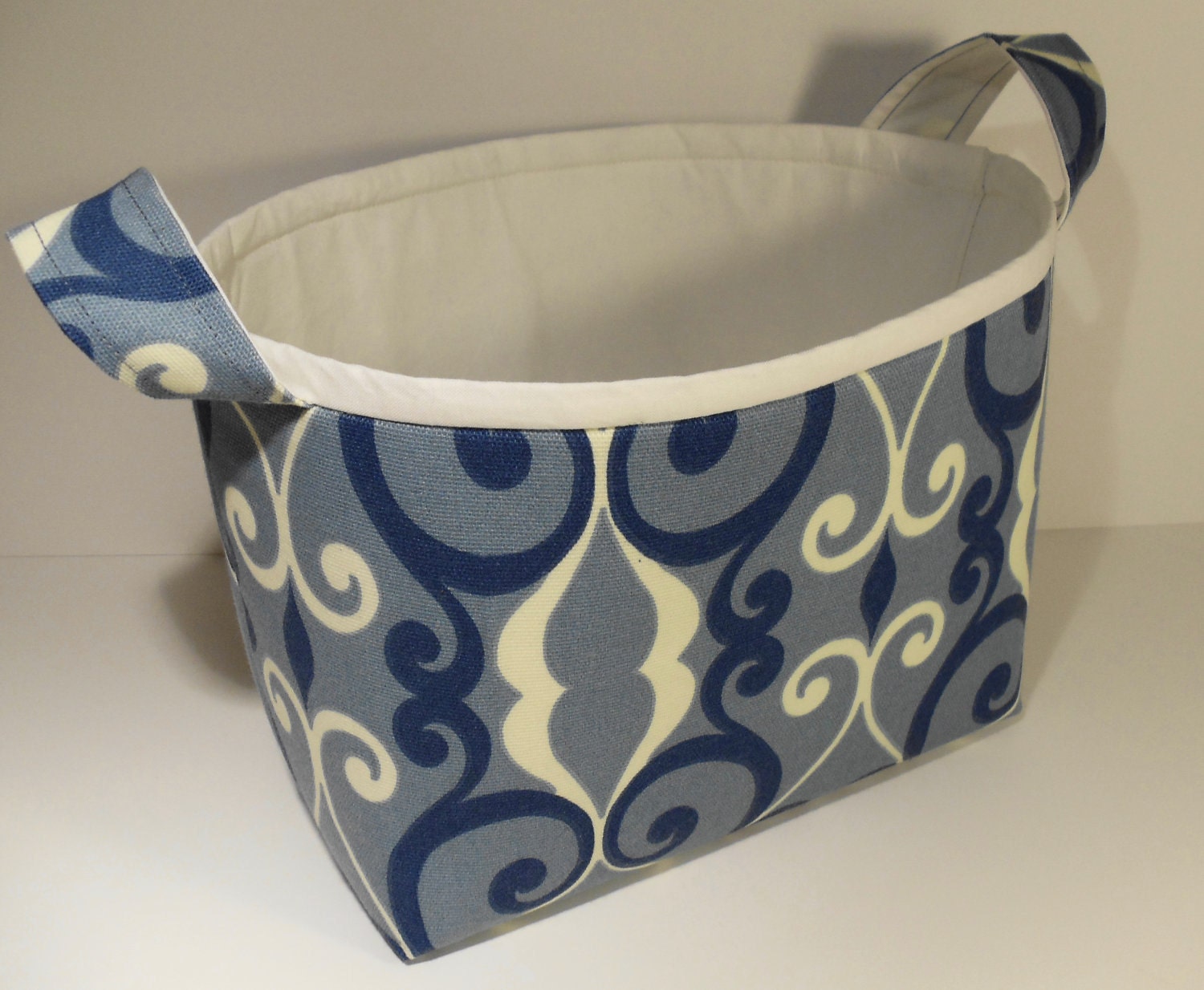 Fabric Storage Basket-Blue and Ivory Scrolls with Ivory Trim and Interior