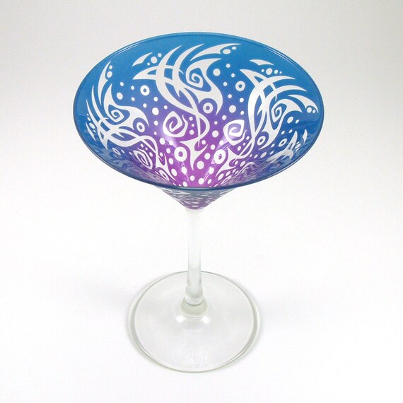 Painted and Etched Martini Glass - Neptune design - Custom Painted Glassware