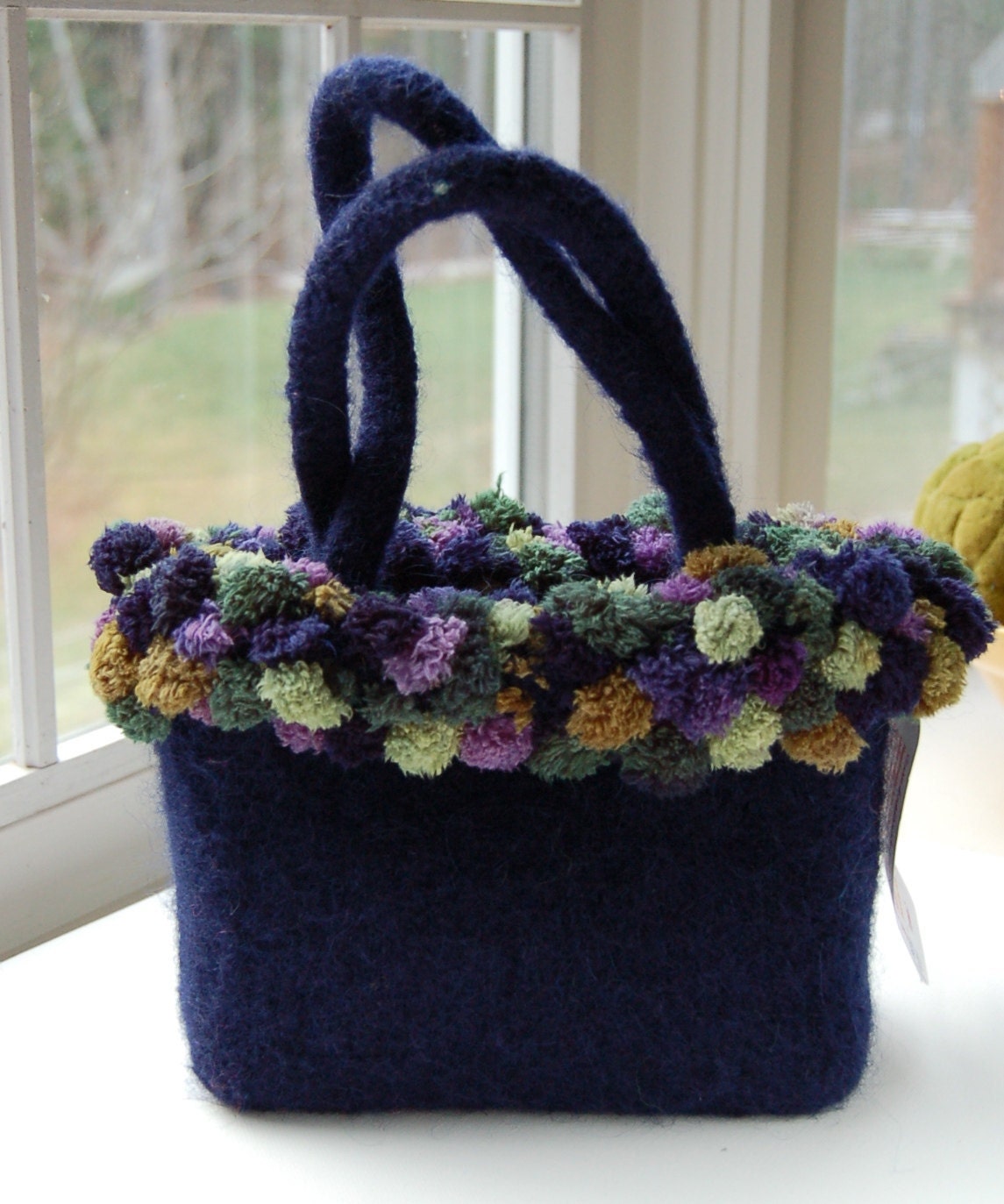 navy blue felted wool bag purse pom pom trim