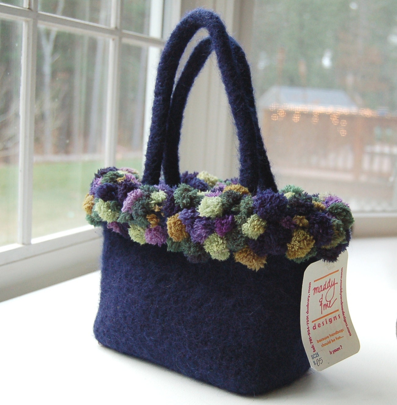 navy blue felted wool bag purse pom pom trim