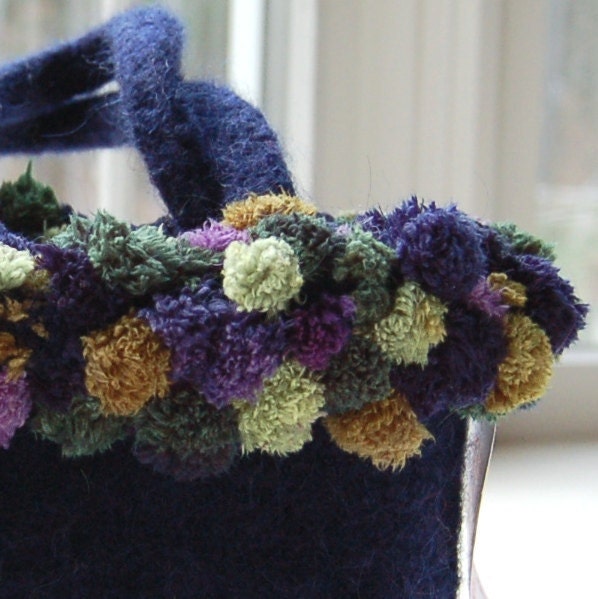 navy blue felted wool bag purse pom pom trim