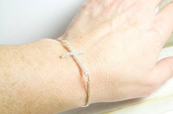 Diamond Cross Dainty Bracelet in Sterling Silver:) Double Sided Diamond Crystal Cross Bracelet