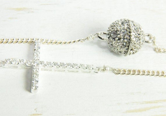 Diamond Cross Dainty Bracelet in Sterling Silver:) Double Sided Diamond Crystal Cross Bracelet