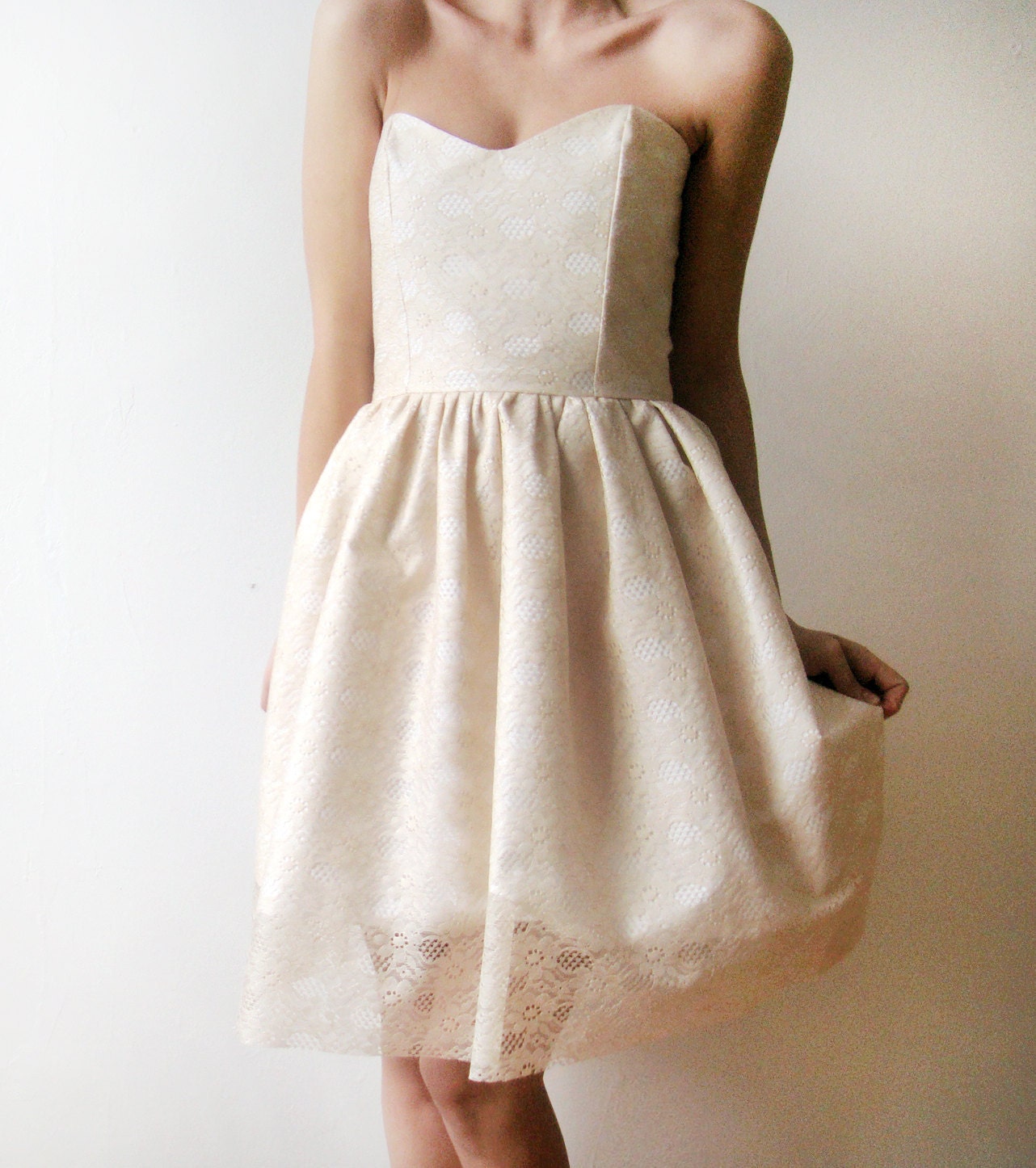 Ivory Dream - Beige Ivory White Lace Dress and Cotton - short wedding dress , party dress - boned bodice dress - Your measurement