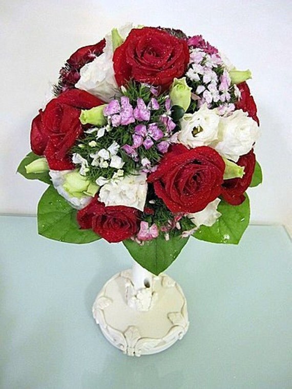 Custom Wedding Bouquet Red White Roses White Lisianthus Real Touch Silk 