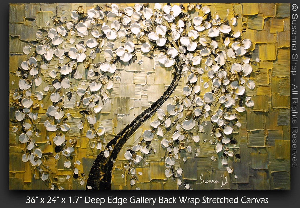 ORIGINAL Abstract Contemporary Weeping White Cherry Blossom Tree Painting Thick Texture Ready to Hang Gallery Canvas 36x24 by Susanna