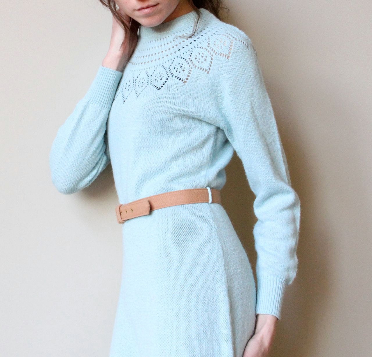 70s Sweater Dress - vintage pale pastel ice blue knit, Nordic snow bunny lodge style, midi length & portrait neckline