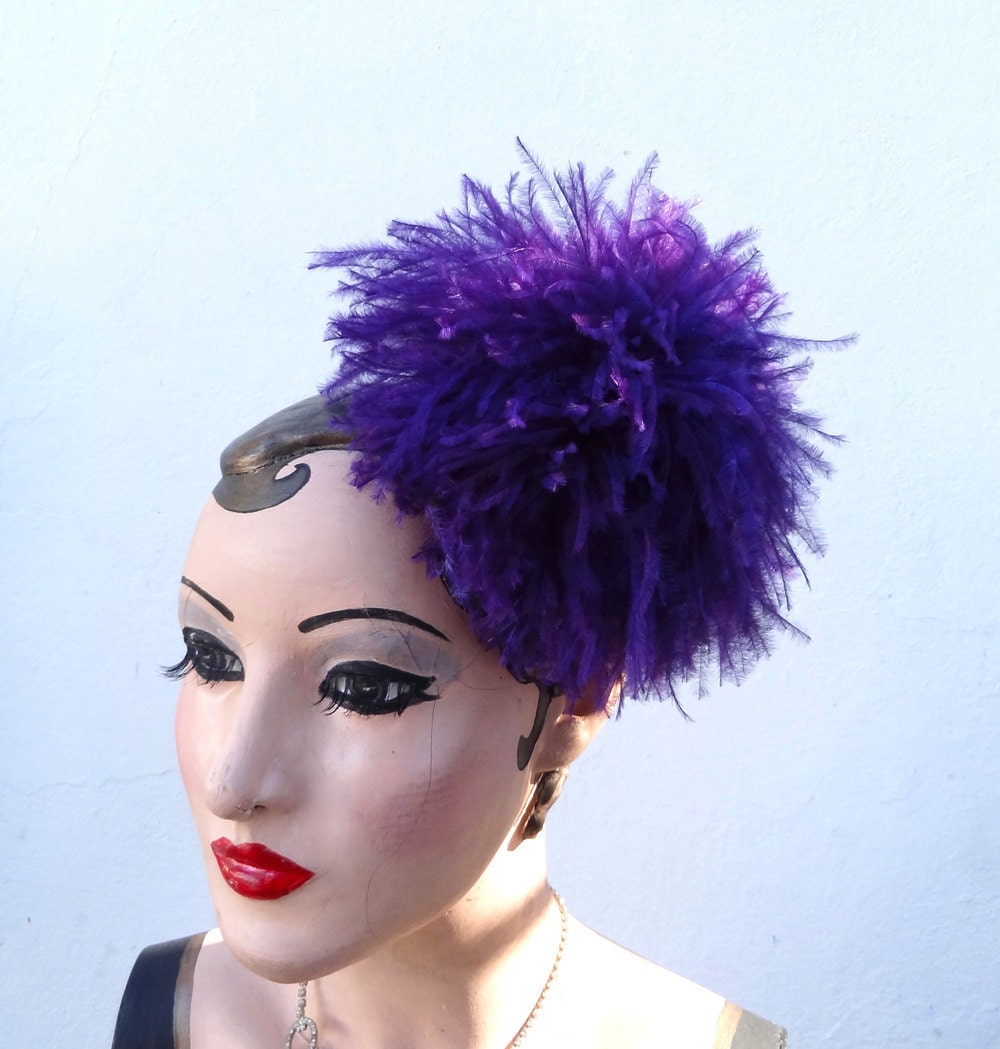 Weddings, Hair Accessory, Feather Fascinator, Large Purple Puff, Ostrich Feather, Head Piece, Hair Clip - Batcakes Couture
