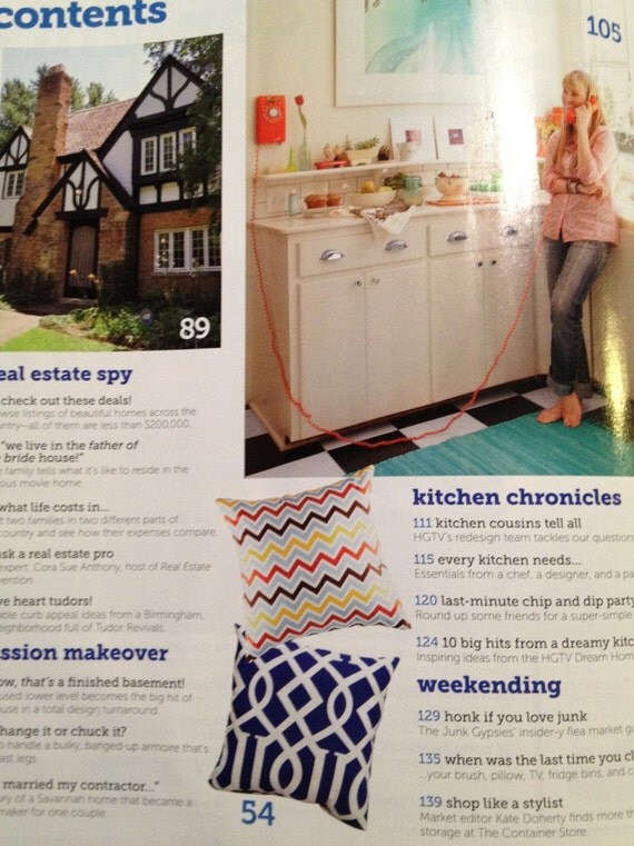 As Seen in HGTV MAGAZINE -  Decorative Pillow Cover - Chevron Stripe - French Blue, Brown, Chartreuse - 18 " Square