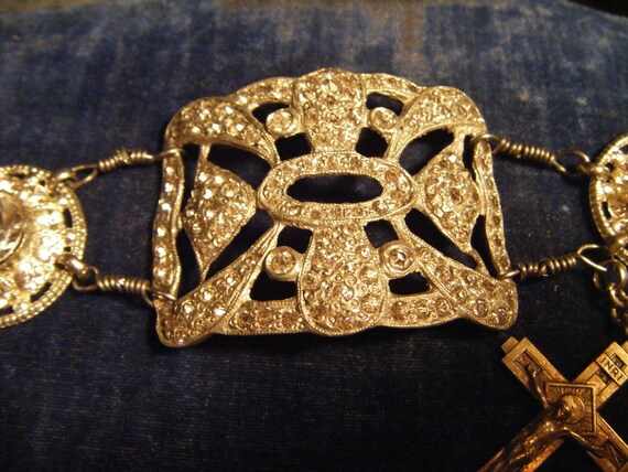 Vintage religious bracelet silver pot metal paste rhinestone Victorian shoe buckle Art Deco antique assemblage