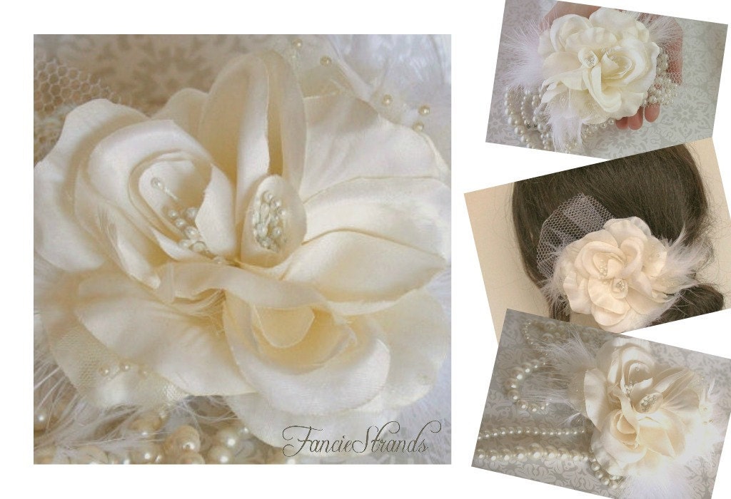 Wedding Hair Flower, Bridal, Hair Flower, Headpiece, Hairpiece, Fascinator, Wedding Hair Accessories, Feather Flower, Ivory Wedding