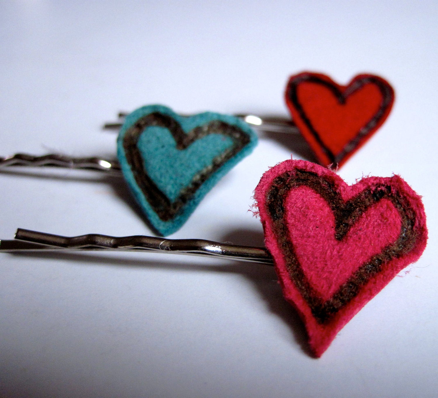 Leather heart bobby pin trio - set of 3 - FREE SHIPPING