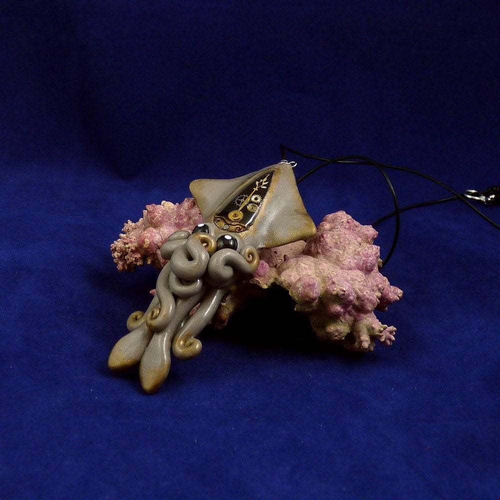 Steampunk Squid Necklace - Polymer Clay Steampunk Jewelry