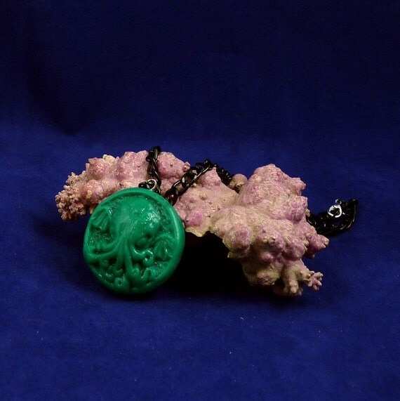Jade Small Cthulhu Cameo Necklace with Chain - Handmade Polymer Clay Jewelry