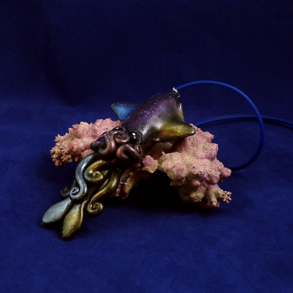 Deep Space Squid Necklace - Polymer Clay Cephalopod Jewelry