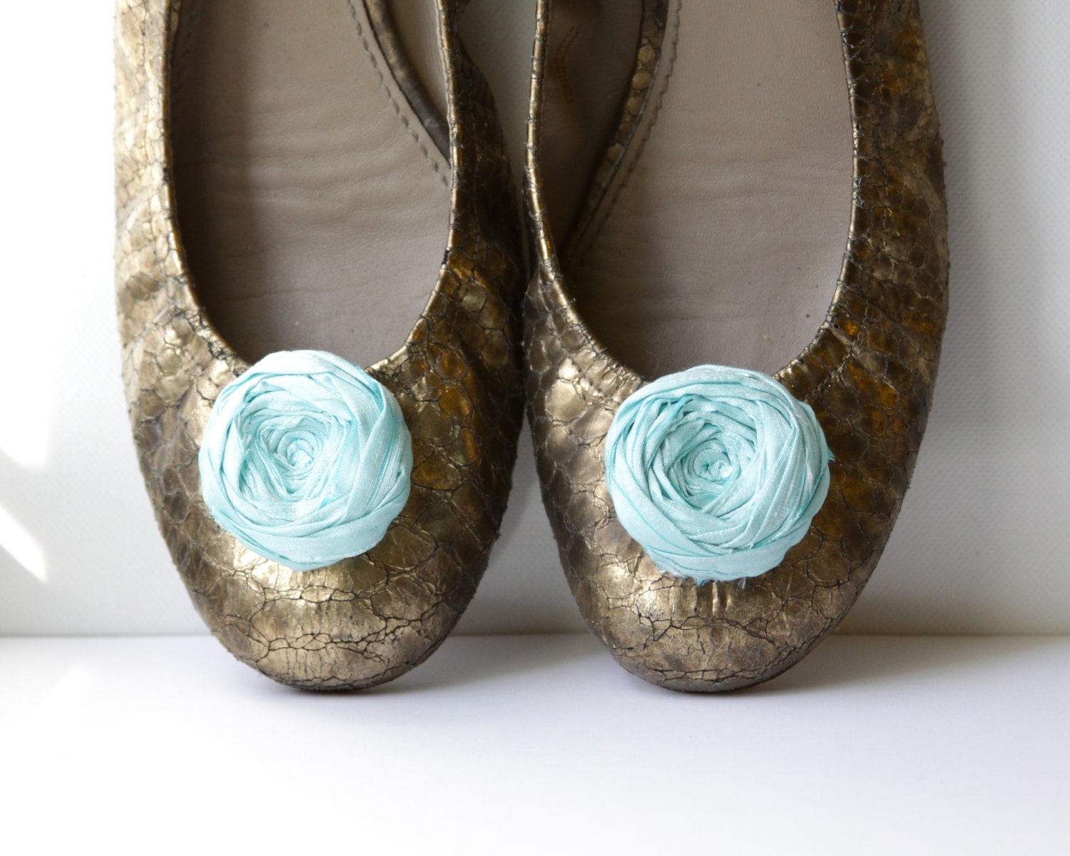 Rosette Shoe Clips Pool Blue Silk Flower Shoe Clips with Bluette Clips Rosette Shoe Clips Wedding or Just Because 1.75 inches