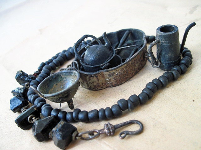 Coal Dust Kitchen. Black Miniatures Assemblage Rustic Vintage Cooking Necklace.