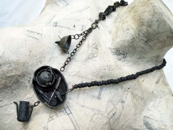 Coal Dust Kitchen. Black Miniatures Assemblage Rustic Vintage Cooking Necklace.