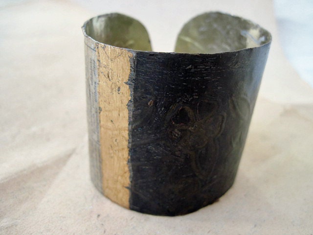 Understanding. Recycled Rustic Tea Tin Cuff Bracelet with Gold Foil.