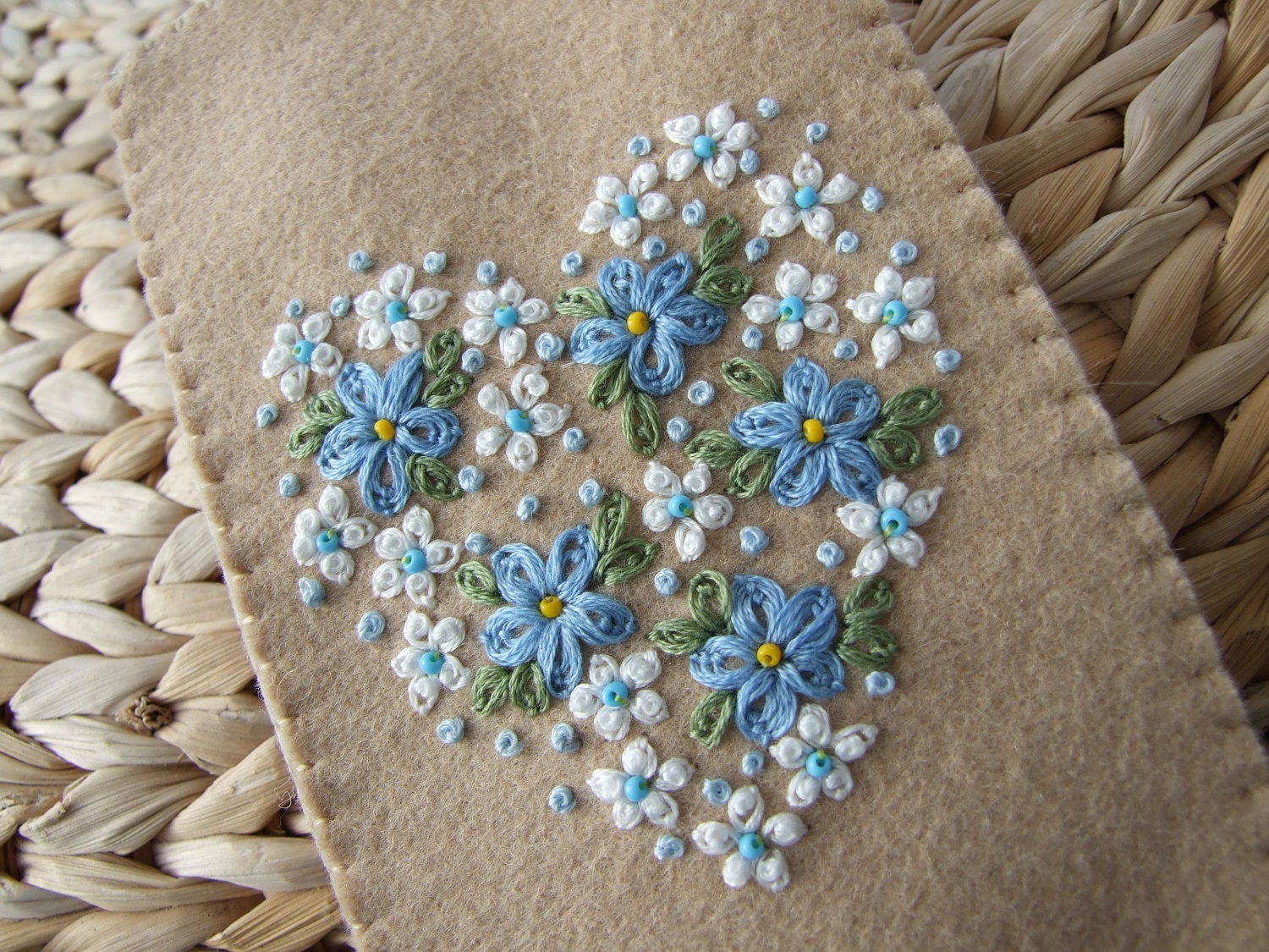 Hand Embroidered  Felt Glasses Case with Daisies and Forget Me Nots