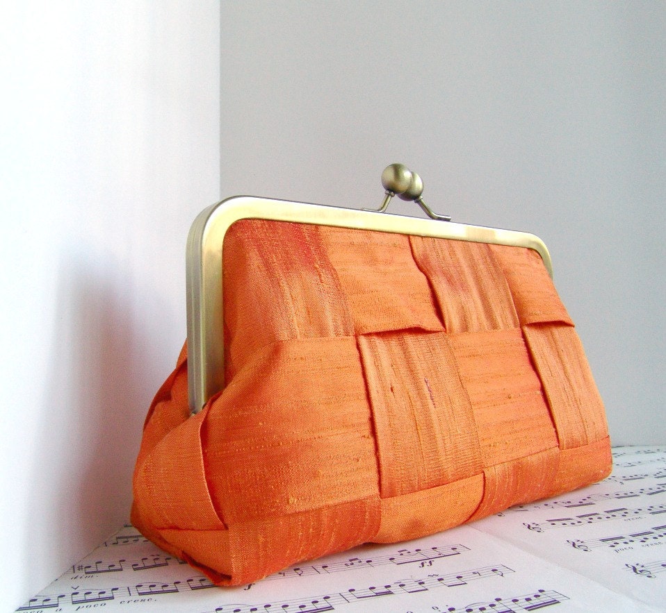 Tangerine silk clutch purse, woven clutch bag, summer bag Made to order