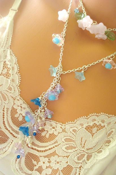 Pink Purple and Ocean Blue Fairy Princess Necklace Pink Flower Necklace 